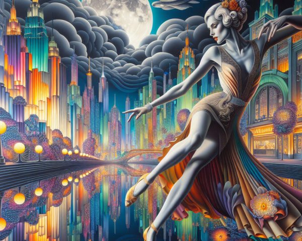 Dancer in Elegant Dress Against Vibrant Cityscape