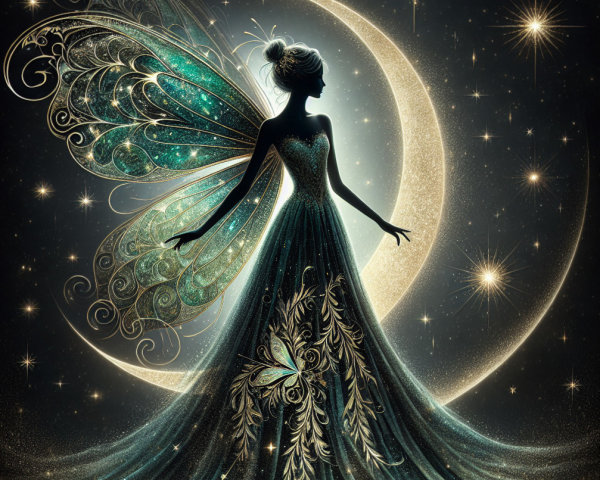 Fairy with Iridescent Wings Under Night Sky