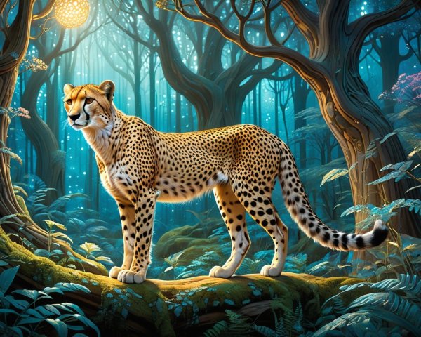 Spotted Cheetah in a Bioluminescent Forest at Night