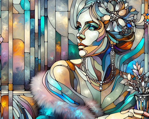 Stained Glass Artwork of a Serene Woman with Flowers