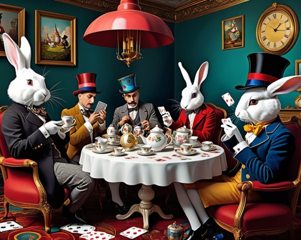 Whimsical Tea Party with Elegant Anthropomorphic Rabbits