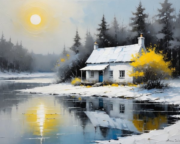 Winter Cottage by Reflective River and Snowy Trees