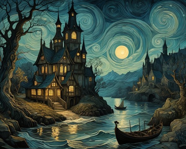 Mystical Landscape with Dark Houses and Serene Waterway
