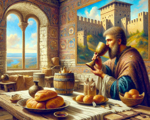 Medieval Man with Chalice in Rustic Feast Setting