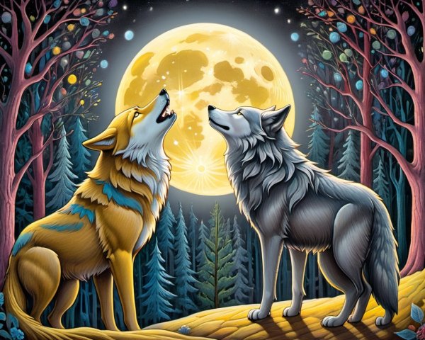 Wolves Howling Under a Full Moon in Enchanted Forest