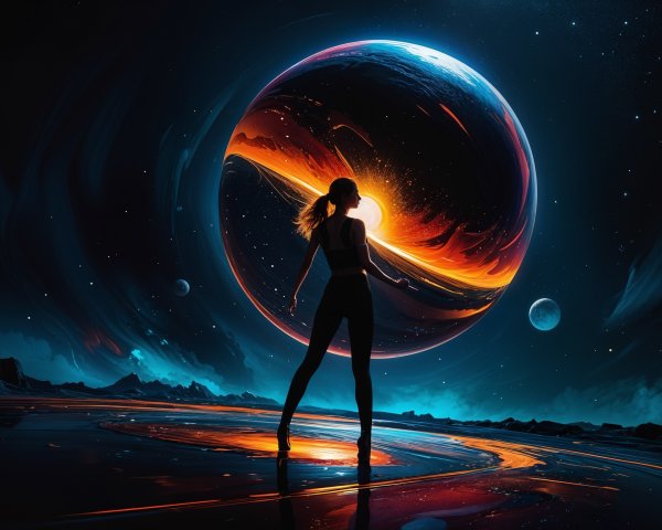 Silhouette on Futuristic Landscape with Glowing Planet