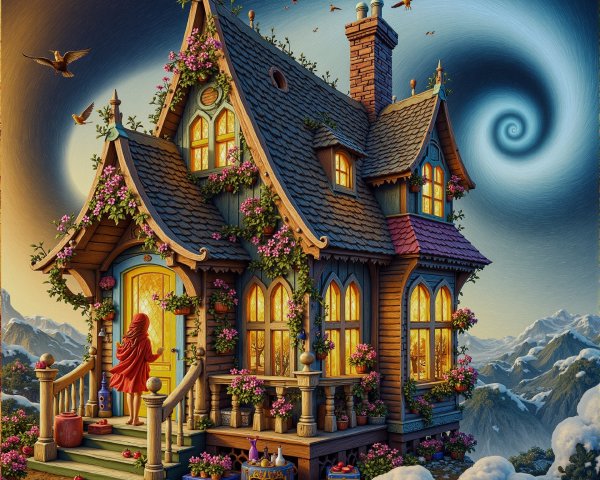 Whimsical Cottage Surrounded by Flowers and Mountains
