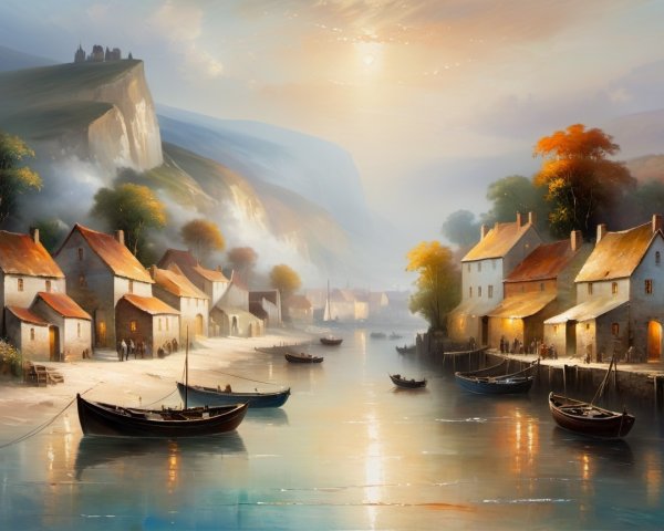 Tranquil Lakeside Village at Sunrise with Cottages