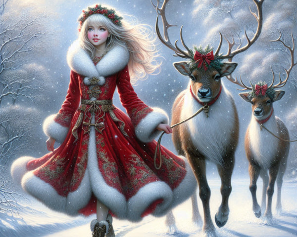 Fairytale Christmas Scene with Girl and Reindeer