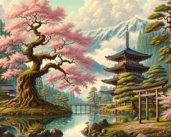 Cherry Blossom Tree by Tranquil Lake and Pagoda