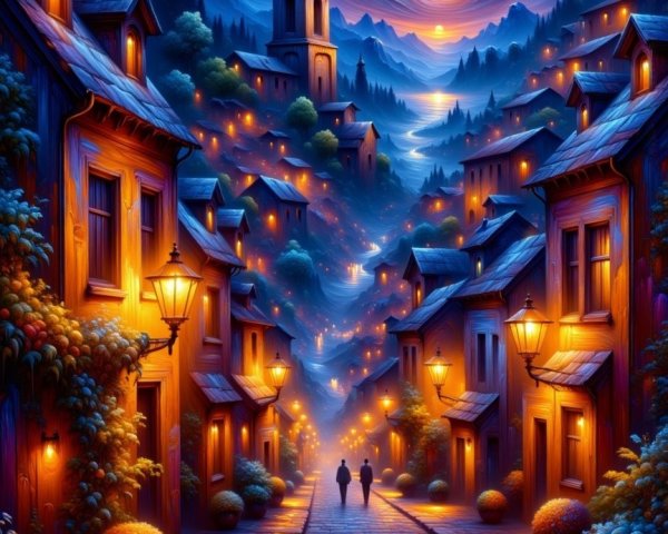 Evening Scene in a Vibrant Winding Village