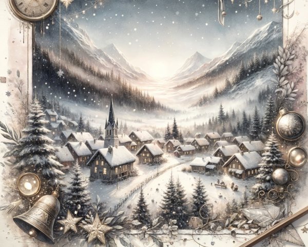 Serene Winter Village in Snow-Covered Valley