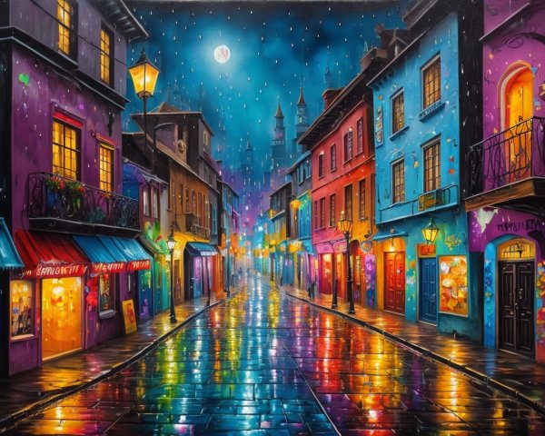 Colorful Street Scene on a Rainy Night with Shops