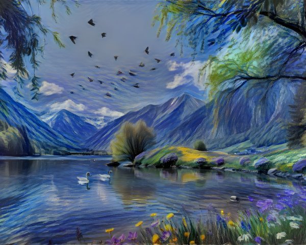Impressionistic Painting of a Serene Lake and Mountains
