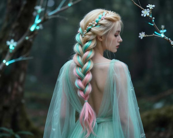 Woman in Pastel Dress in Misty Forest Setting