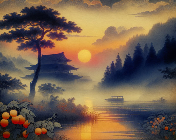 Twilight Landscape with Lake and Pagoda Reflection