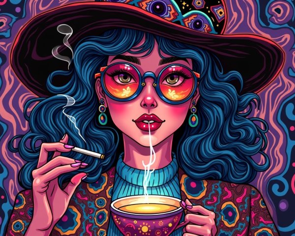 Stylized Illustration of a Woman with Blue Curls