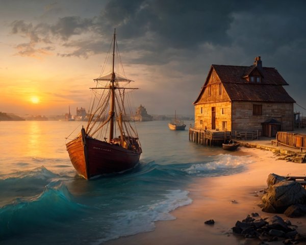 Coastal Sunset Scene with Sailing Ship and House