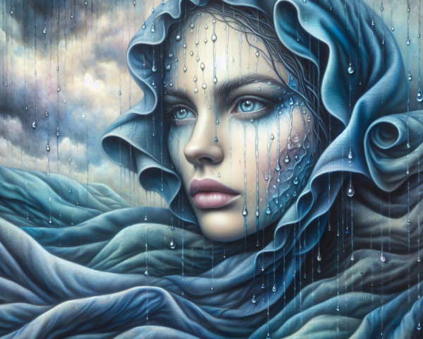Serene Portrait of a Woman with Blue Hood and Raindrops