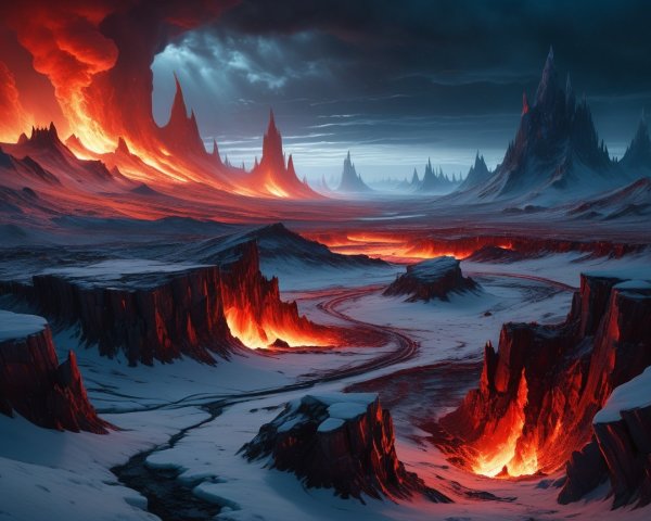 Dramatic Volcanic Landscape with Lava and Dark Skies