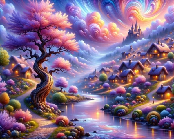 Vibrant Dreamlike Landscape with Winding River and Castle