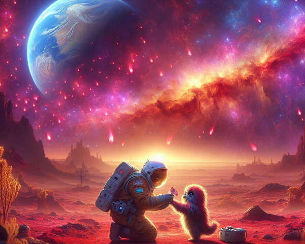 Astronaut Interacts with Creature in Alien Landscape