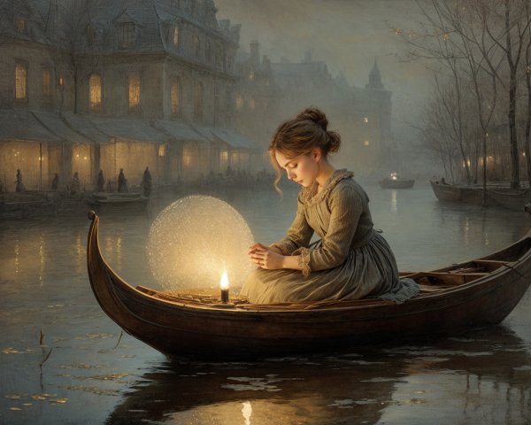 Young girl in boat on misty river at twilight