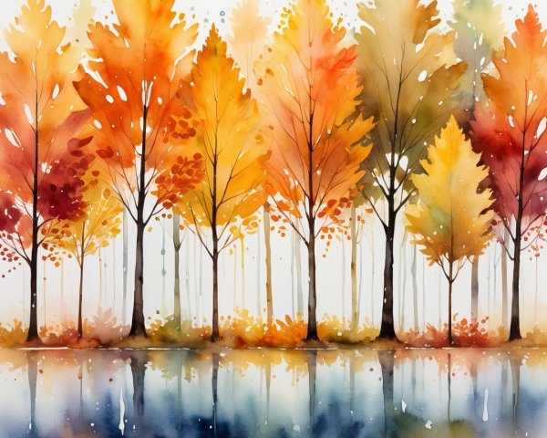 Watercolor Landscape of Autumn Trees and Reflection