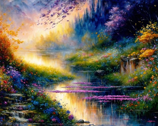 Vibrant landscape with river and blooming flowers