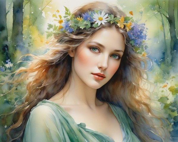 Portrait of a Young Woman in Nature with Watercolor