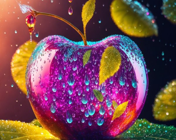 Vibrant Apple with Water Droplets on Green Leaf