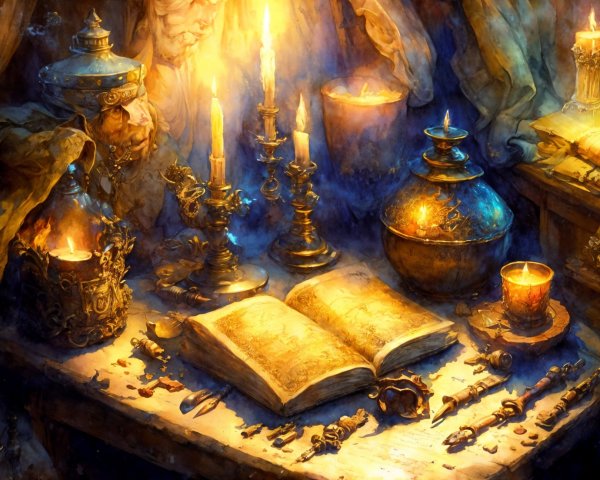 Dimly Lit Table with Artifacts and Candles
