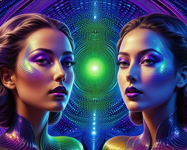 Futuristic Figures with Glowing Patterns in Kaleidoscope