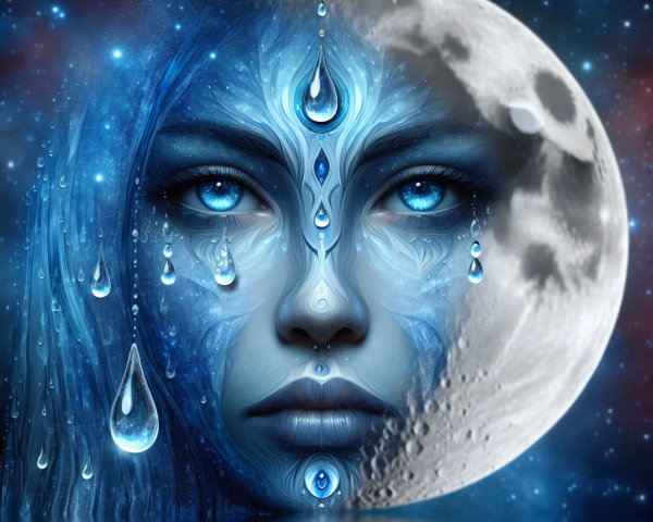 Mystical Female Face with Blue Patterns and Moonlight