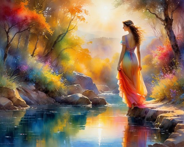 Young woman by tranquil stream at sunset with flowers