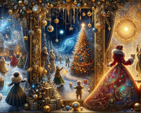 Magical Winter Scene with Children and Christmas Tree