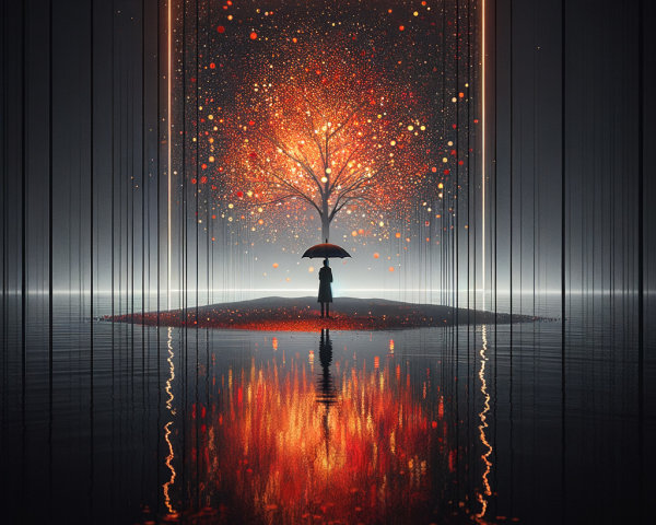 Solitary Figure Under Umbrella with Vibrant Tree
