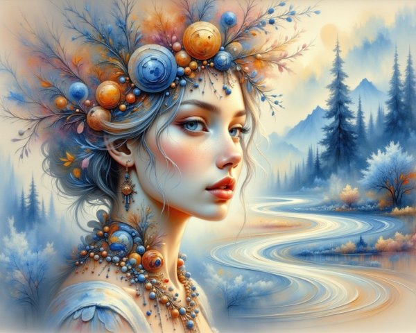 Young Woman with Floral Crown in Serene Landscape