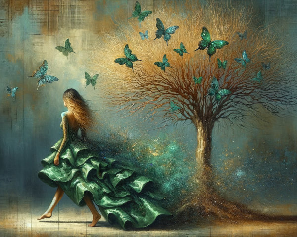 Fantasy Art Depiction of a Woman by a Magical Tree