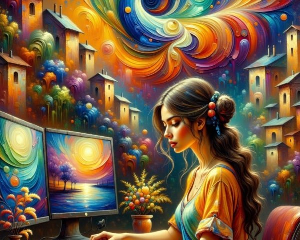 Young woman at desk in colorful whimsical landscape