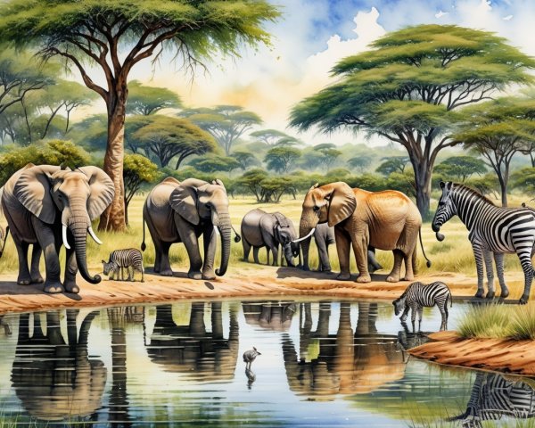 Serene Watering Hole with Elephants and Zebras in Savannah