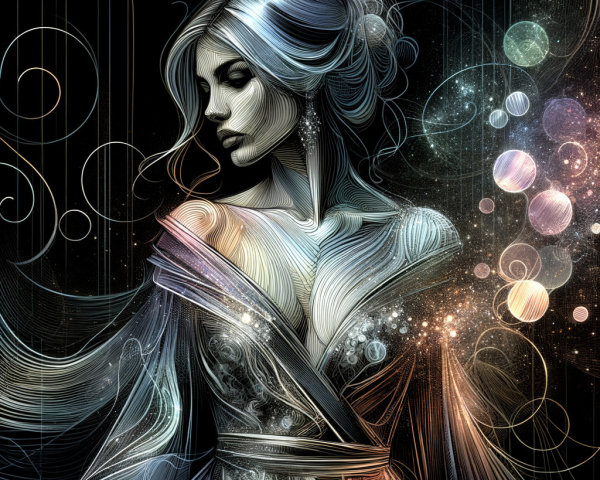 Elegant Woman Illustration with Swirling Lines and Orbs