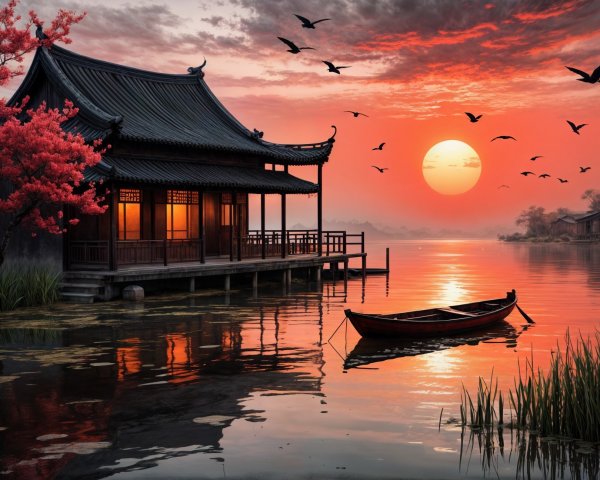 Sunset Over a Pagoda by a Calm Lake with Cherry Blossoms