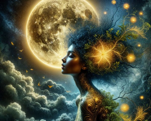 Mystical Woman with Textured Hair and Glowing Moon