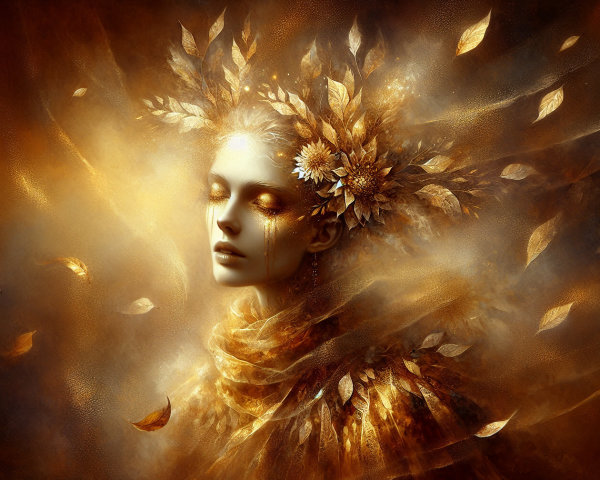 Ethereal Figure with Golden Leaves and Flowers