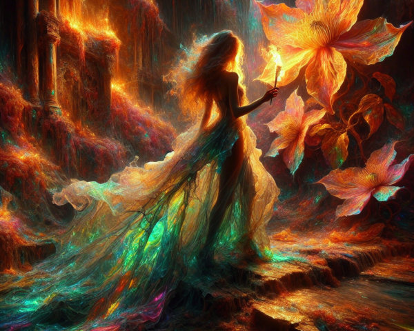 Surreal Scene with Mystical Figure and Glowing Flowers