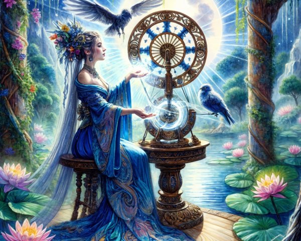 Mystical Woman in Blue Gown by Shimmering Pond