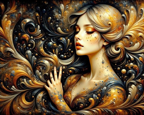 Woman Surrounded by Intricate Gold and Black Patterns