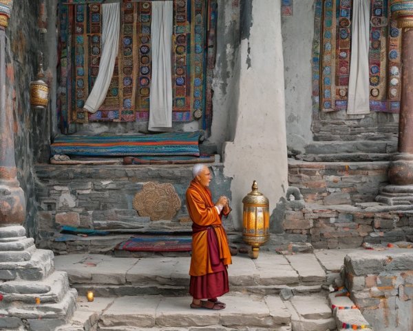 Monk in Robes Surrounded by Temple Artifacts and Flags