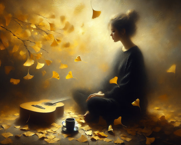 Young Woman in Autumn with Guitar and Coffee